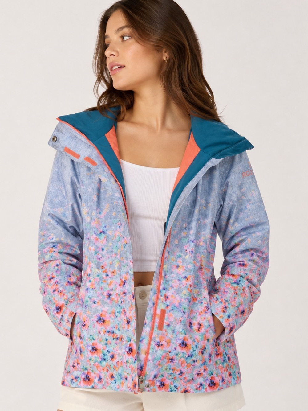 Roxy Teal, Coral & Light Gray Floral Ski Jacket
